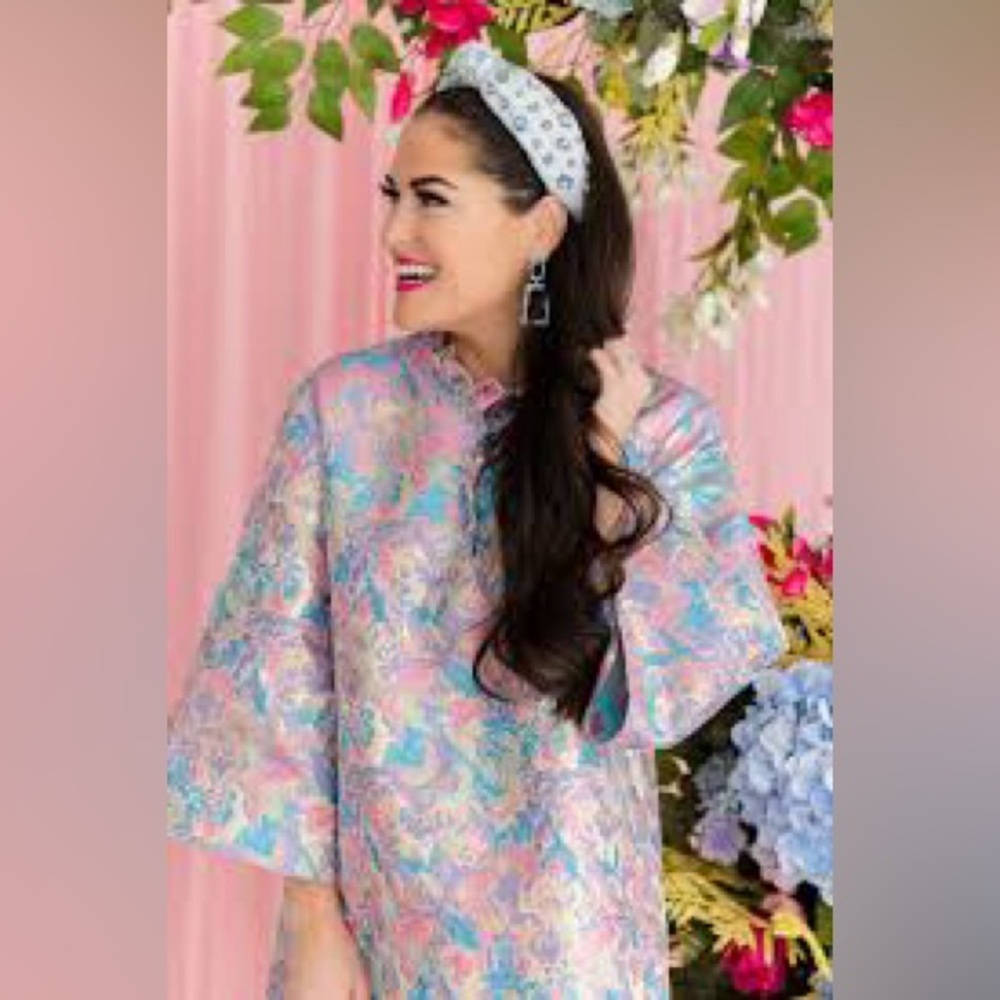Brianna Cannon Caftan Dress in Pink & Blue Brocade- Butterfly Dreams sz S/M - Picture 5 of 8